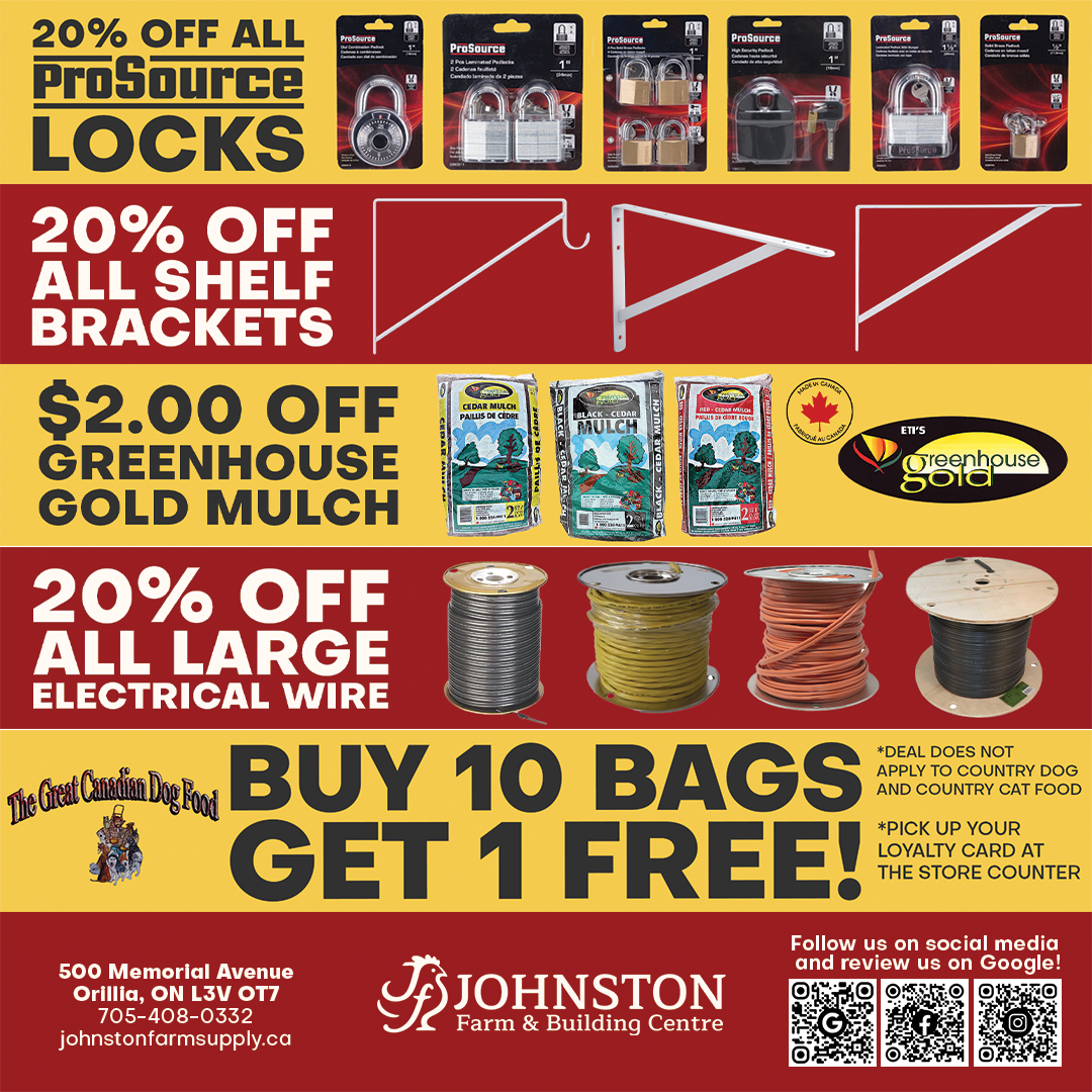 Huge savings on building supplies, farm feed, and tools in Orillia